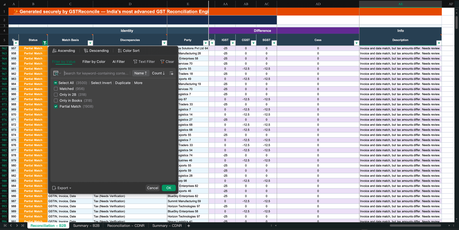 Match status column filtered in an Excel GST reconciliation sheet, showing counts of Matched, Partial Match, Only in 2B and Only in Books